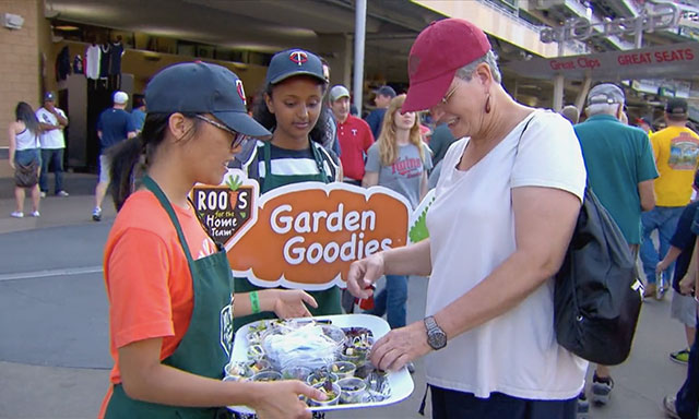Roots for the Home Team participants selling salads at a Minnesota Twins ball game