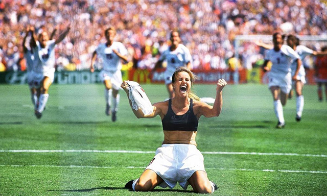 BAWSI co-founder Brandi Chastain celebrating her winning penalty kick in the 1999 Women's World Cup