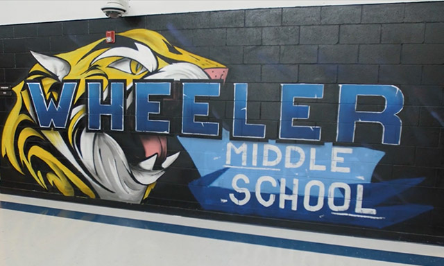 Wall mural of the Tiger mascot at Wheeler Middle School in Oklahoma City